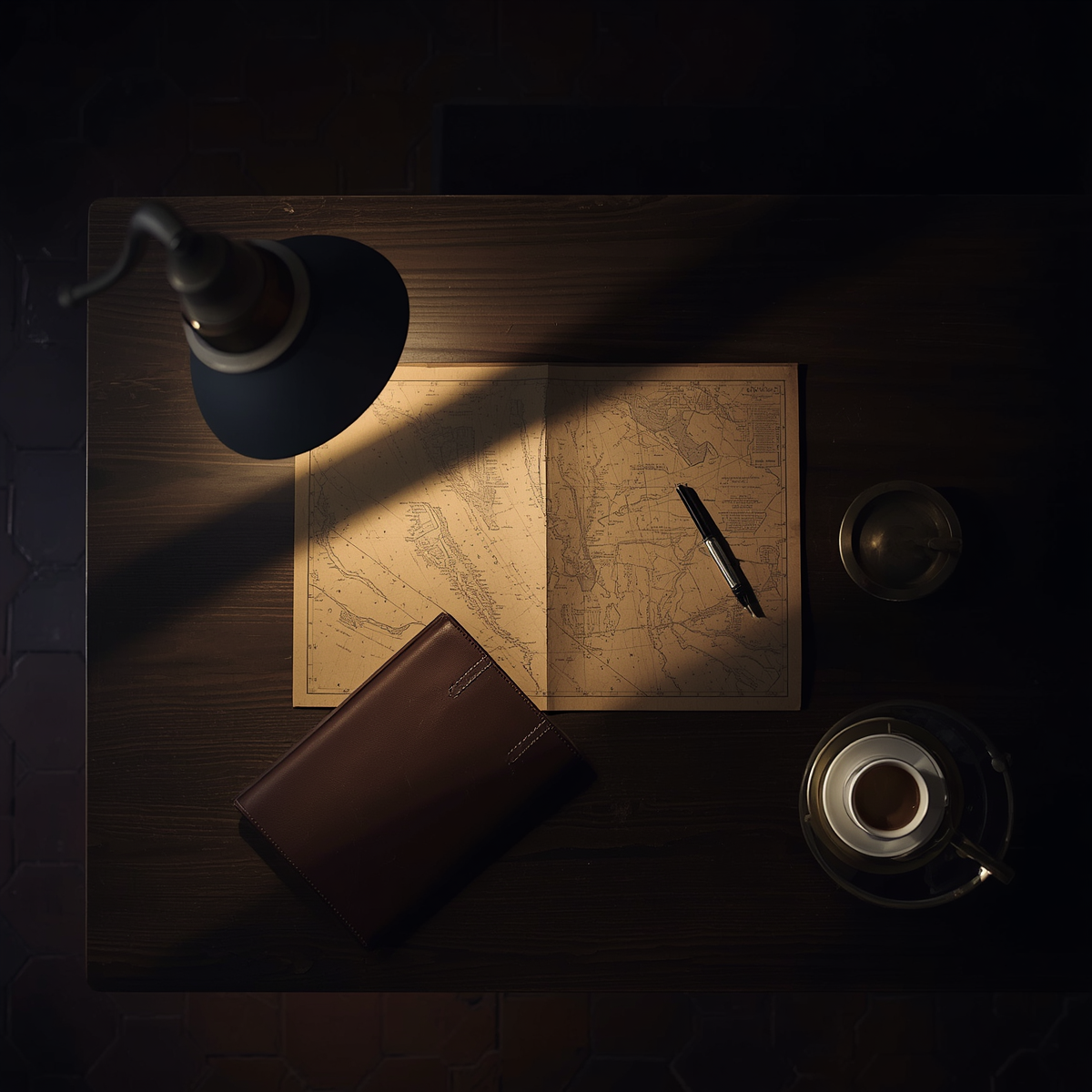 Overhead view of papers, a notebook, and tools on a wooden workspace in warm light.